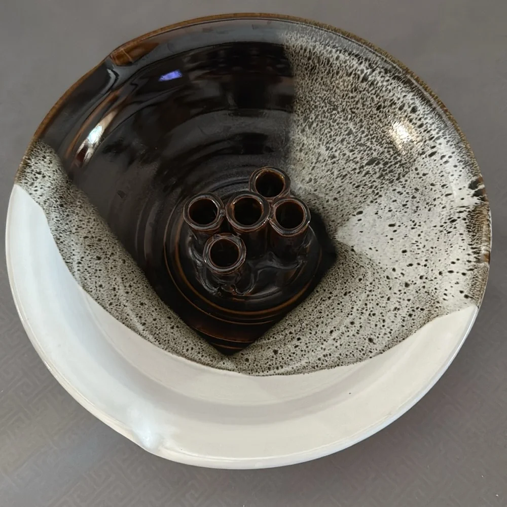 Ceramic Art Pottery Ikebana 5 Stem Flower Frog Vase Bowl Dish Handmade Signed